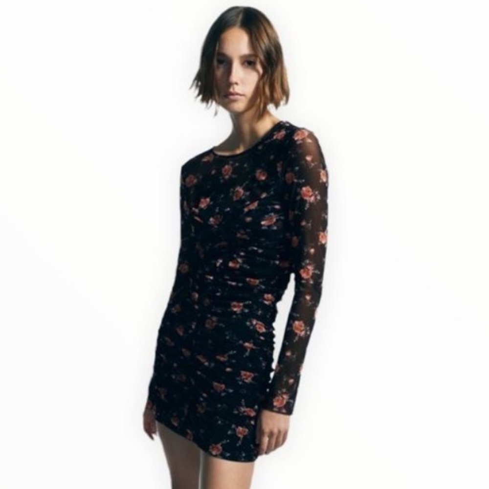 🖤❤️ NWT Zara Black & red Rose floral long sleeve bodycon minidress